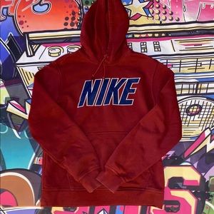 Men’s vintage Nike Burgundy Spellout Pullover Hoodie Sweatshirt.